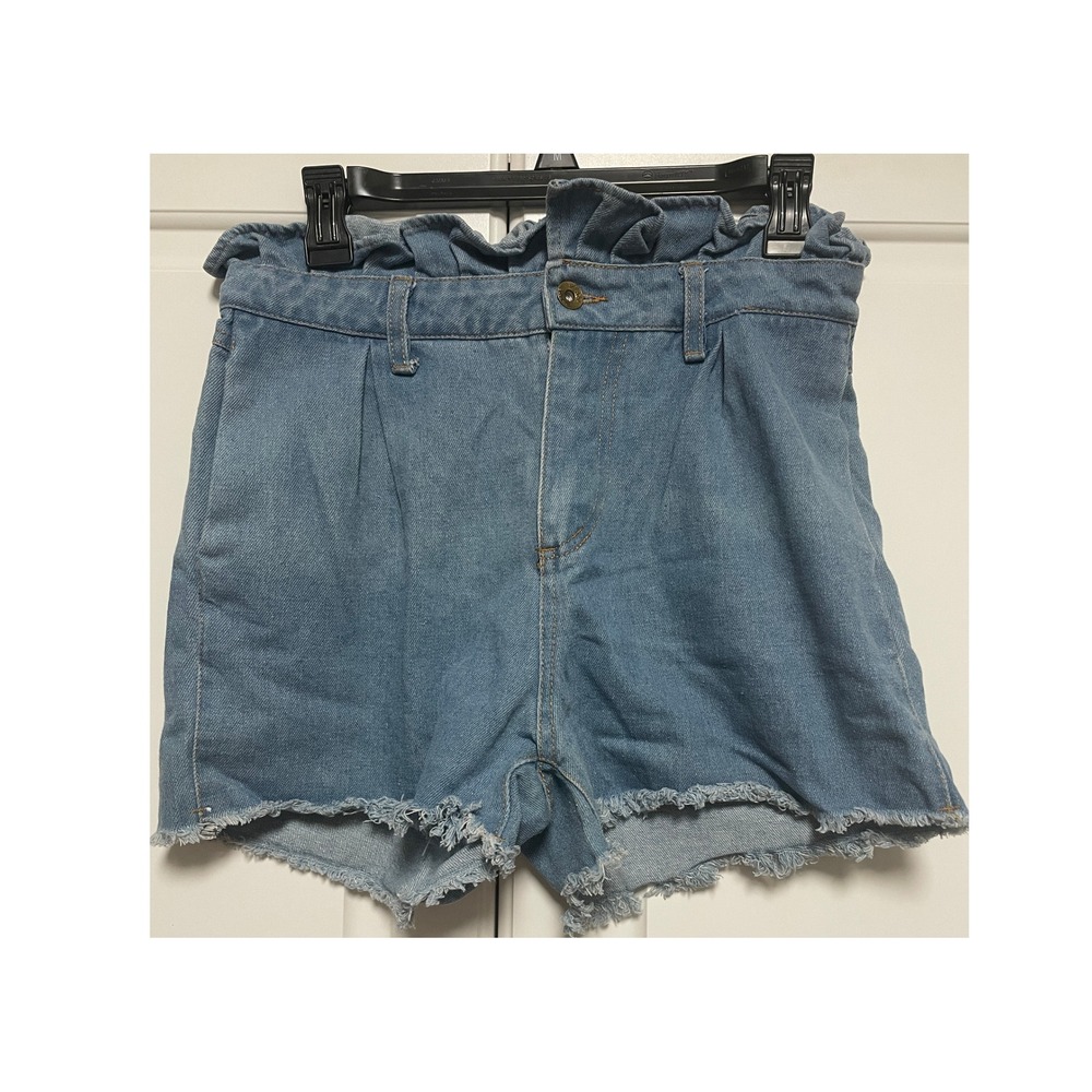 SHEIN Paperbag Waist Denim Shorts Frayed Hem Blue Size S